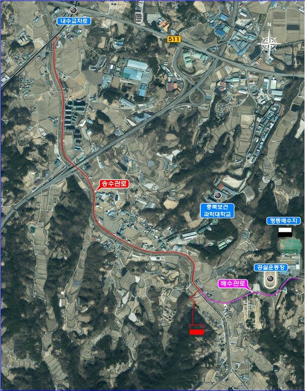 청주시 내수읍에 덕암배수지 신설 위치도.